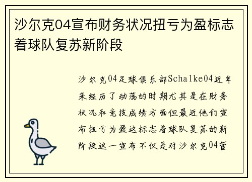 沙尔克04宣布财务状况扭亏为盈标志着球队复苏新阶段