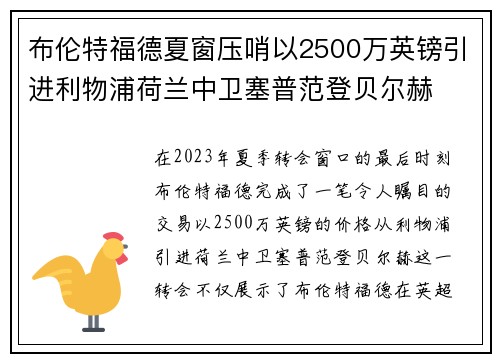 布伦特福德夏窗压哨以2500万英镑引进利物浦荷兰中卫塞普范登贝尔赫